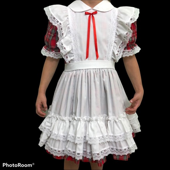 Vintage Golden Age Full Circle Plaid Pinafore Party Dress Ruffles Lace 80s - Picture 2 of 12